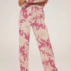 Mango Pants Straight Leg Tied Hem Pink Cream Floral Print Women’s Size XS